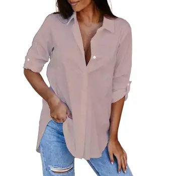 Majica sa lapels Ženska moda jednobojnu V-izrez u obliku dugih rukava Univerzalni Svakodnevni bluza za stranke vrhovima za žene 2021 crna xxl ured za odijevanje