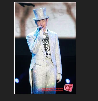 Muški smoking sa srebrnim šljokicama odijelo hlače mađioničar pjevač gost сценические odijela ropa hombre veste homme luxe mariage