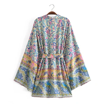 Nova Moda Jesen odmor Boho Cvjetni print Slobodni listovi Lotosa Rukava Struk Kravata Kimono Top Košulje Za žene